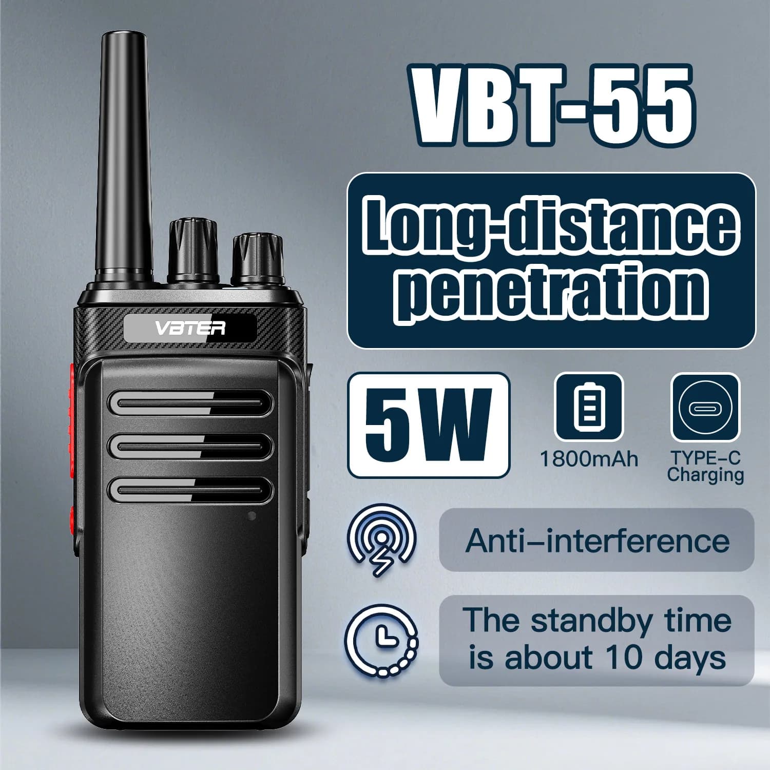 VBTER-55 Walkie Talkie per Campeggio all'Aperto, Ricetrasmittente Portatile ad Alta Potenza, Connessione Bluetooth per Sicurezza Civile, Ispezione e Logistica
