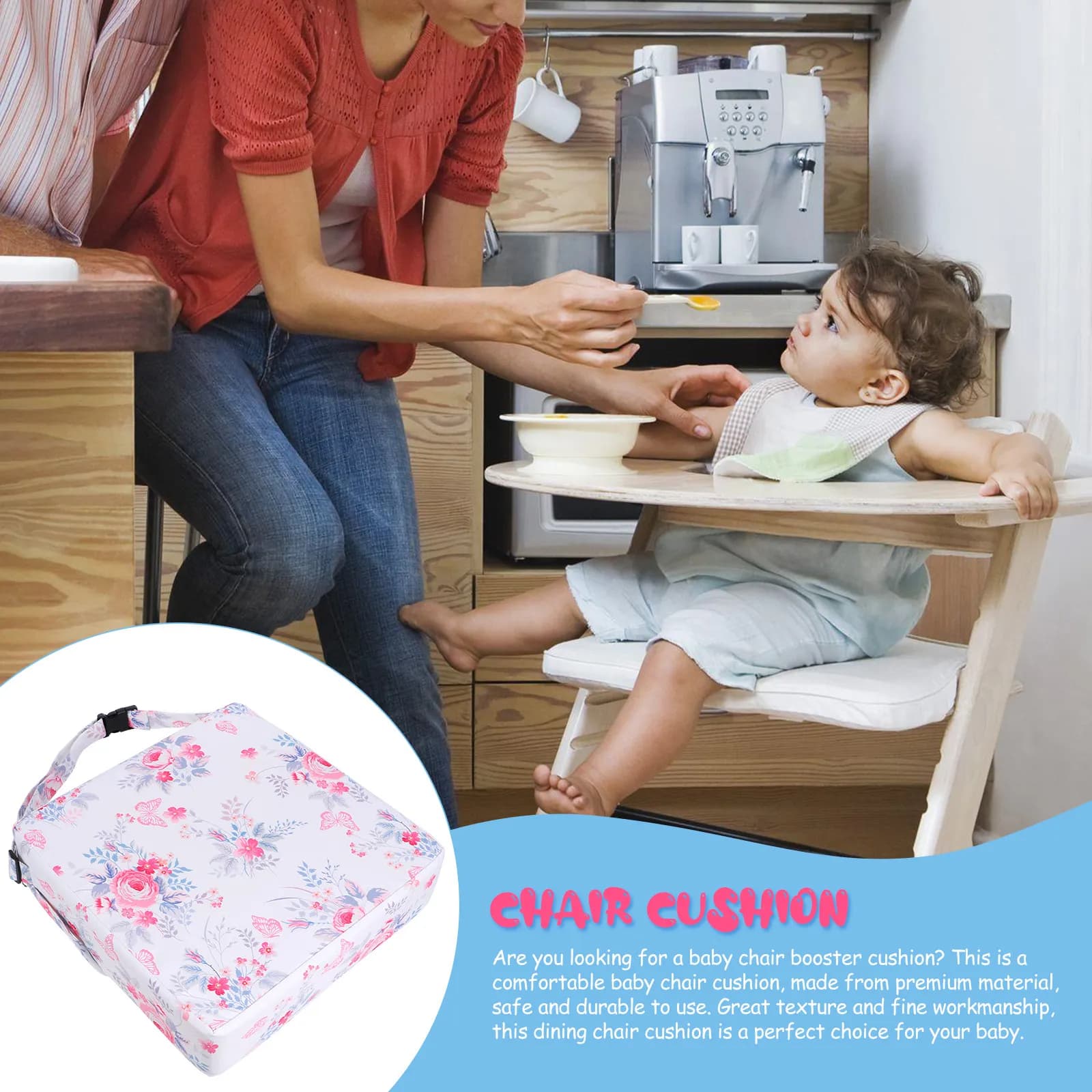 Cuscino Rialzato per Sedia da Pranzo per Bambini, con Rivestimento Rimovibile in Poliestere, Facile da Pulire, Cinghie di Sicurezza
