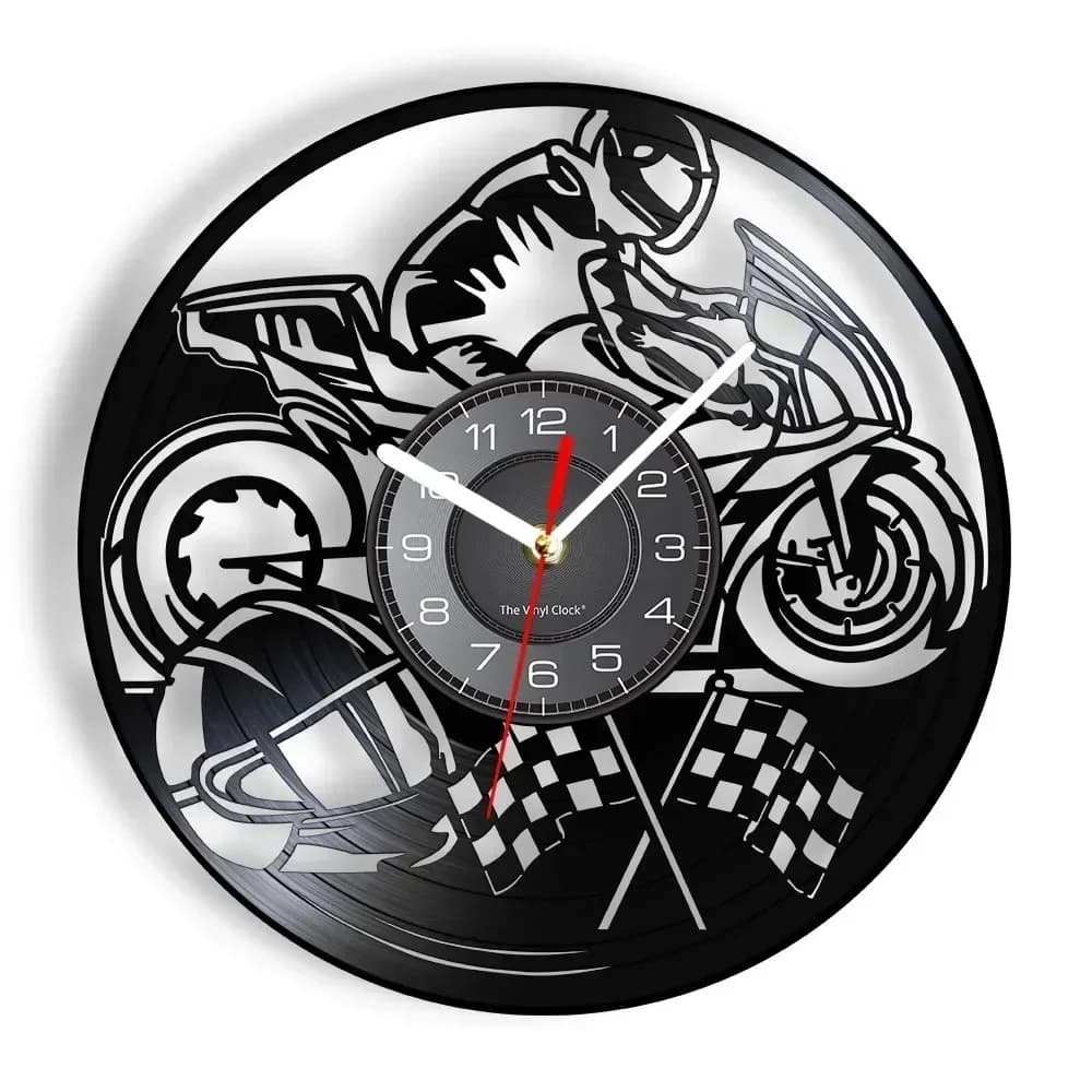 Motorcycle Racing Vinyl Record Wall Clock Motorcycle Racing Driver Retro Home Decoration Art Silent Wall Watch Knight Gift