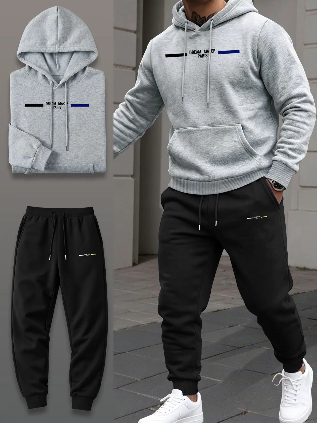 2026 new Men's 2 Piece Tracksuit Autumn Winter Striped Print Hoodie Sweatshirt Drawstring Sweatpants Outdoor Running Sports Suit