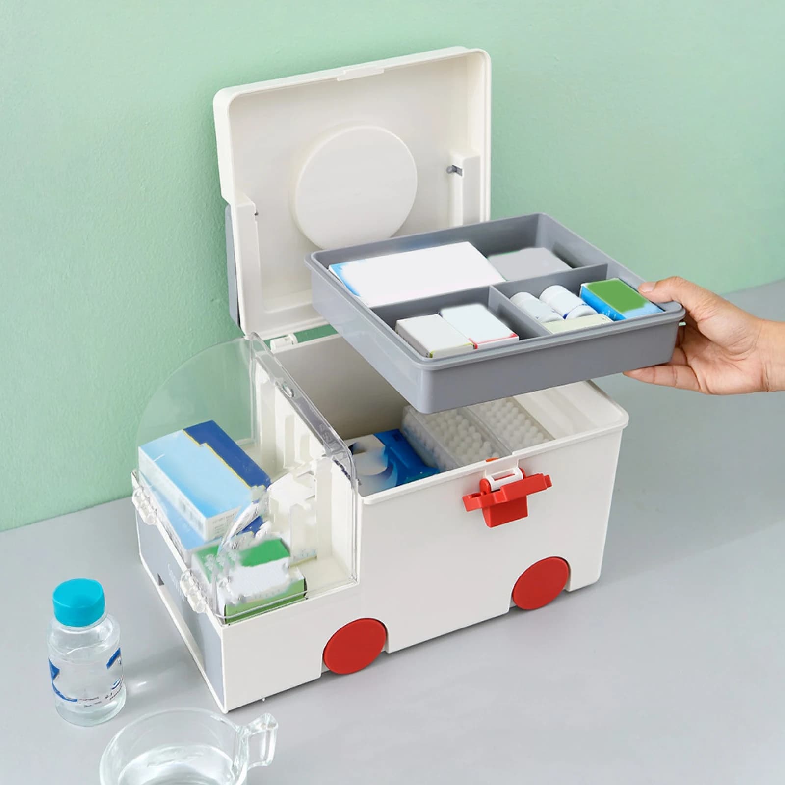 Kit di pronto soccorso in plastica a forma di auto, custodia per la classificazione dei medicinali di grande capacità, resistente all'usura per la preparazione alle emergenze