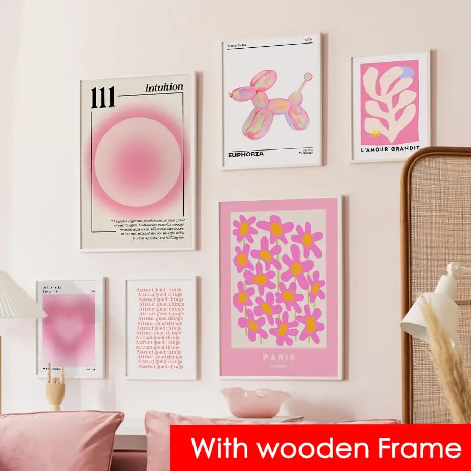 Pink Angel Number Flower Market Exhibition Canvas Painting with Abstract Frame Poster Wall Art Picture for Living Room Decor