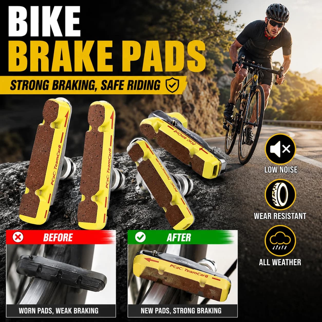 Durable Bicycle Brake Pads Low Noise All Weather Strong Stopping Wear Resistant V Brake Block Replacement Kit For Road Bike Part