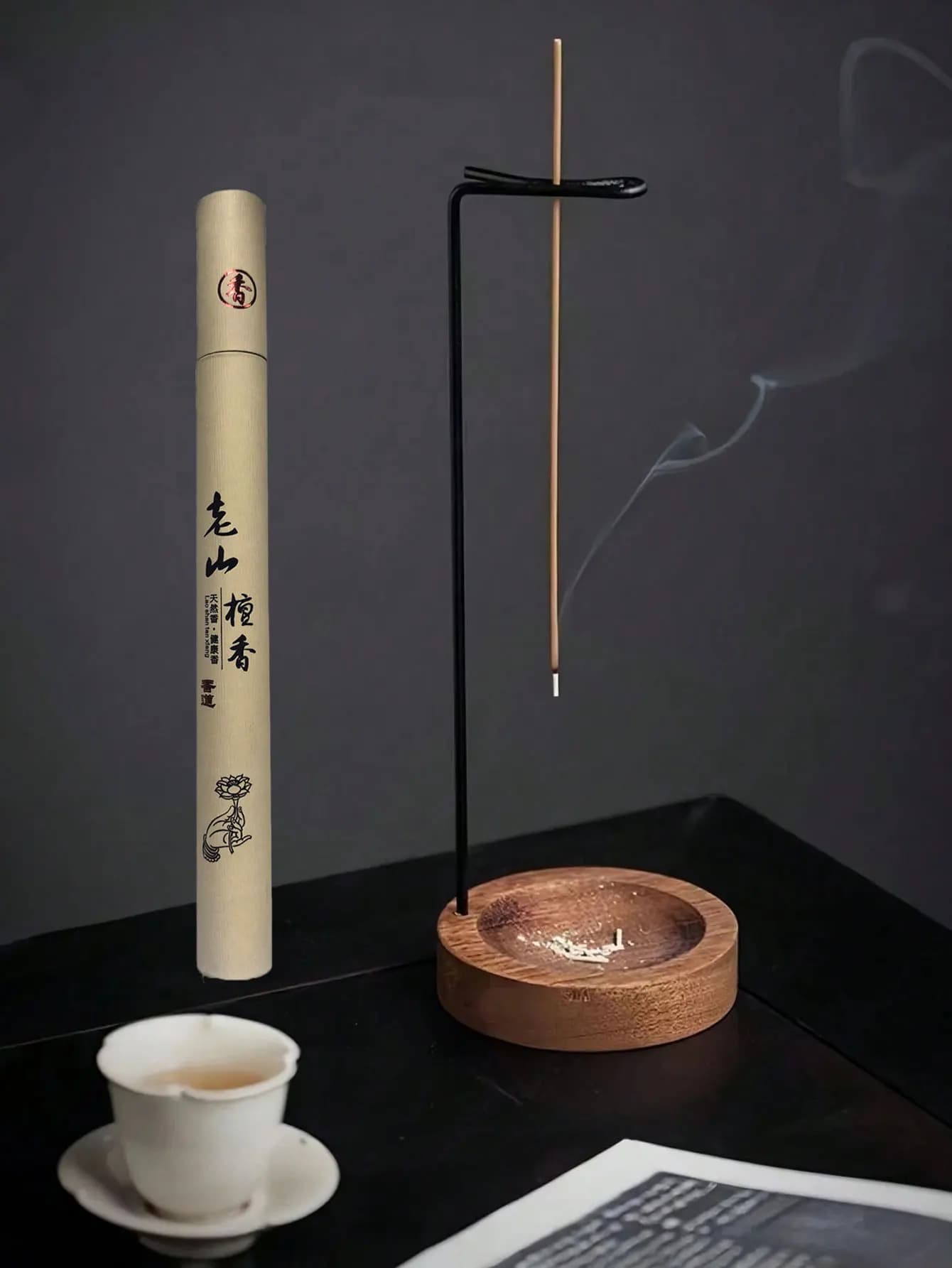 Set da 2 pezzi: bruciatore di incenso in noce a forma inversa, porta bastoncini di incenso, supporto in legno per bruciatore aromatico, porta bastoncini di incenso in legno, Han