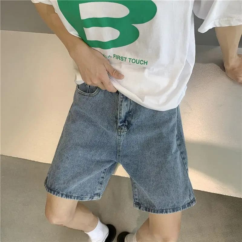Pantaloncini Jeans Uomo Trendy a Gamba Dritta Estivi Stile High Street Colore Chiaro Harajuku Casual Larghi a Gamba Larga a Cinque Quarti