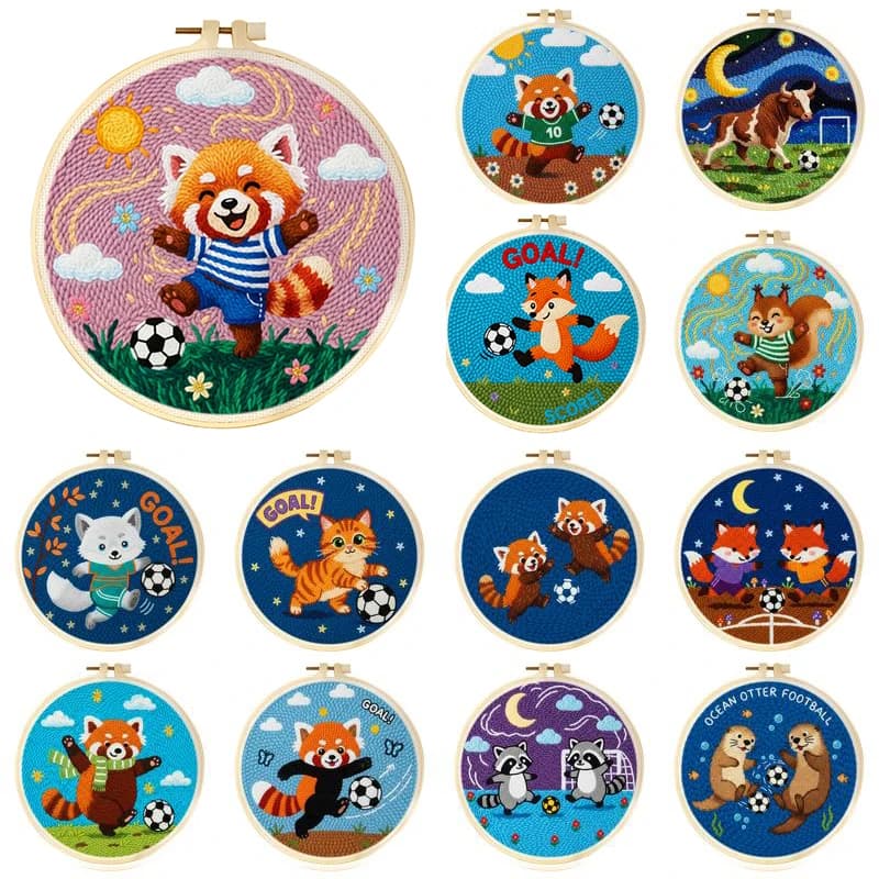 Cute Animal Sport Punch Needle Kit Set DIY Magic Embroidery Hoop Art For Beginner Cross Stitch Soccer Craft Gift Room Decor