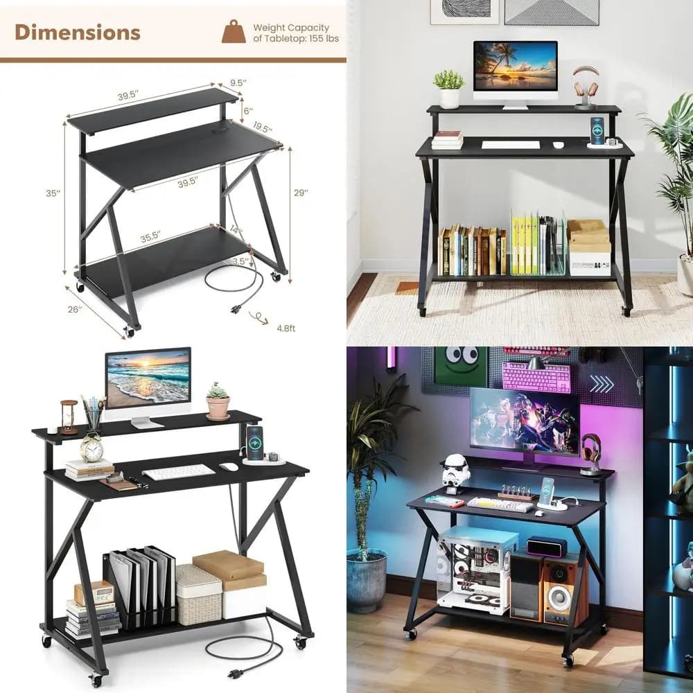 Scrivania Portatile per Laptop con Stazione di Ricarica, Supporto Monitor e Spazio di Archiviazione per Piccoli Spazi, Scrivania Mobile per Home Office in Nero