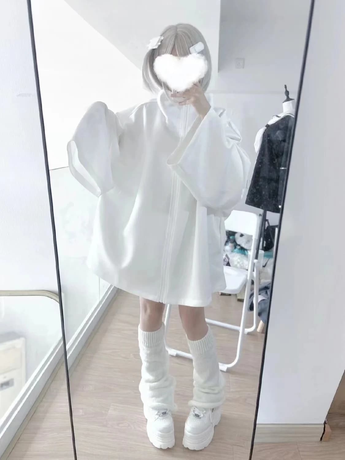 Cute Angel Nearby Spring Summer Style Women's Loose Zipper White Sweatshirt Jacket Student Sweet Style Long Sleeve Regular Le...
