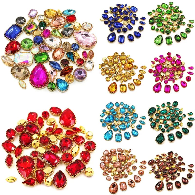 Nuovo Arrivo 50 Pezzi/Sacchetto Pietre di Cristallo Miste con Strass in Vetro Dorato per Cucito, Accessori Fai da Te per Scarpe e Abbigliamento