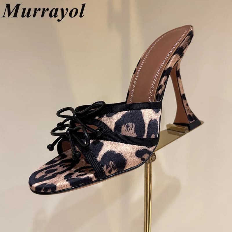 Sandali da Donna con Stampa Leopardata e Fiocco in Raso, Tacco Alto Sottile, Scarpe Estive per Feste e Banchetti, Stile Comodo e Elegante