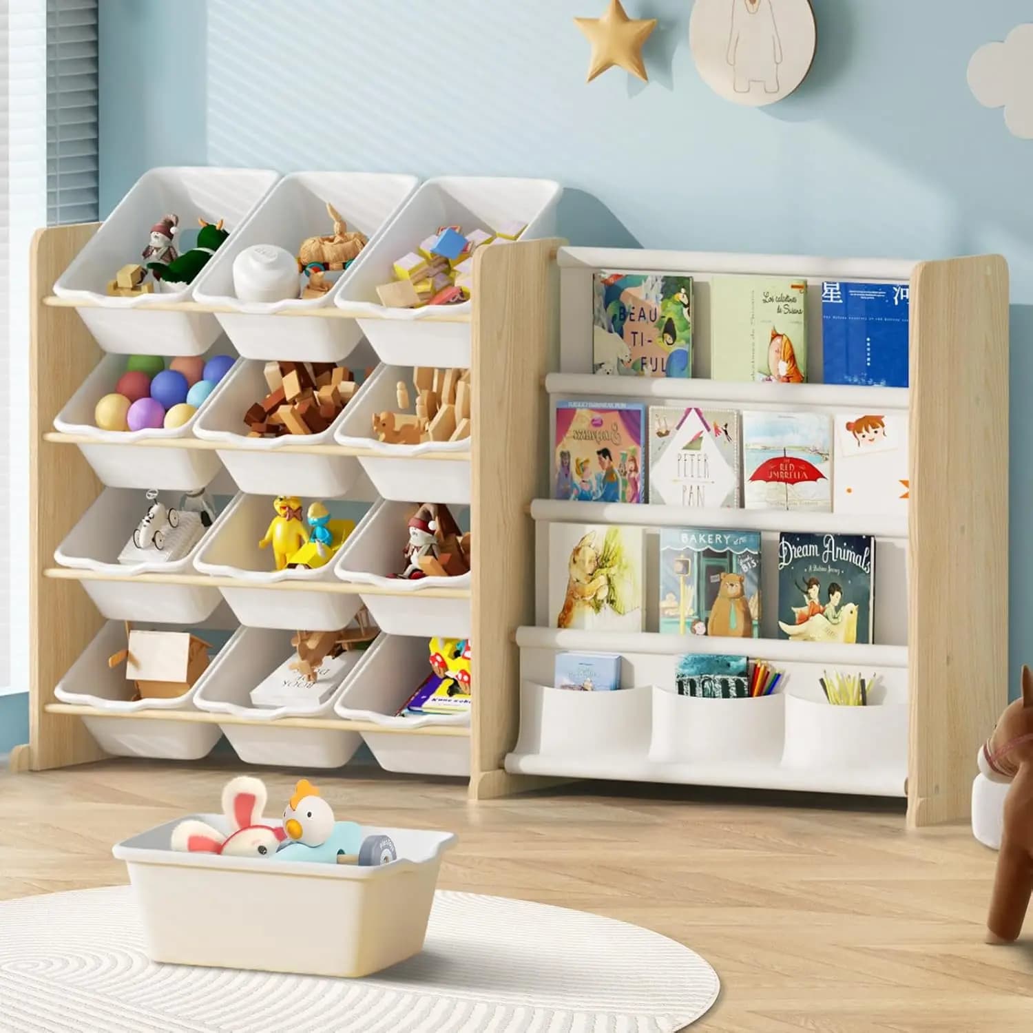 Organizer for Toys with Library, 12 White Containers and 4 Games Room, Guest Room, Children's Room in Light Wood