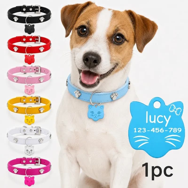 1pc Custom Pet Name Phone Number Dog Cat Leather Collar with Cat‑Head Shaped Name Tag, Single‑Sided Customization