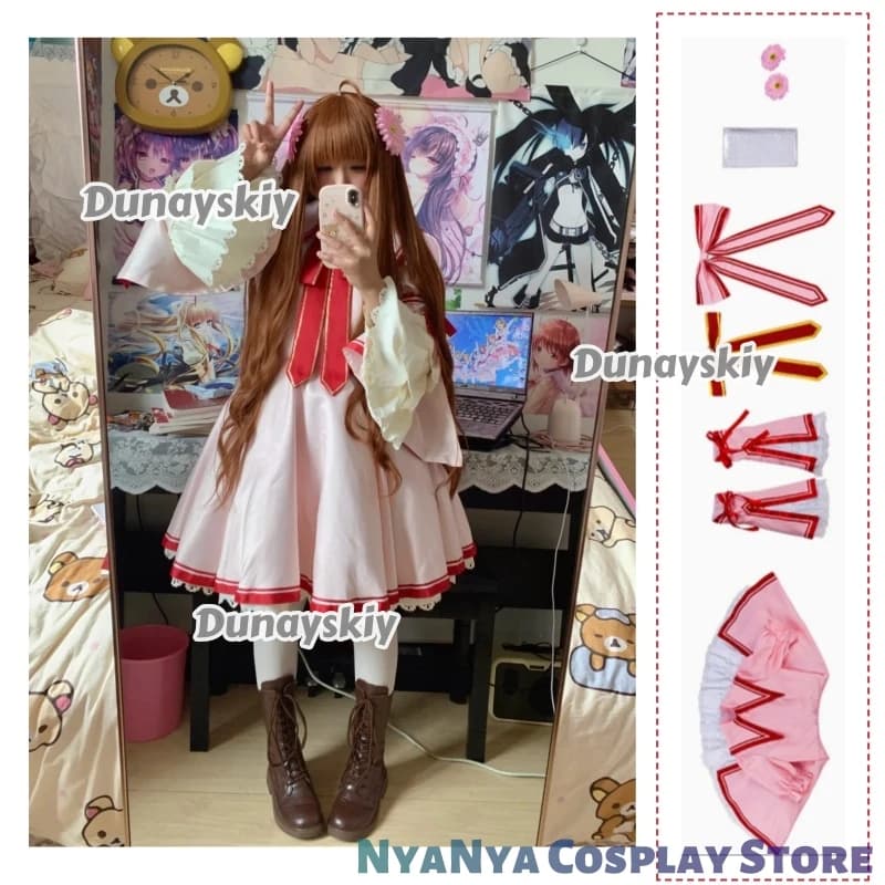 Costume Cosplay Kotori Kanbe: Pink Cameriera Dress with Red Ribbon, Lace Edge and Flower Hair Stops - Outfit Halloween Soul