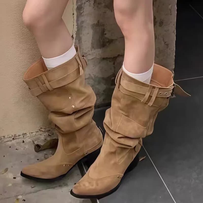 Stivali alti da donna a punta Scarpe moda firmate Tacchi alti Scarpe eleganti robuste 2025 Tendenza invernale Botas da moto da donna