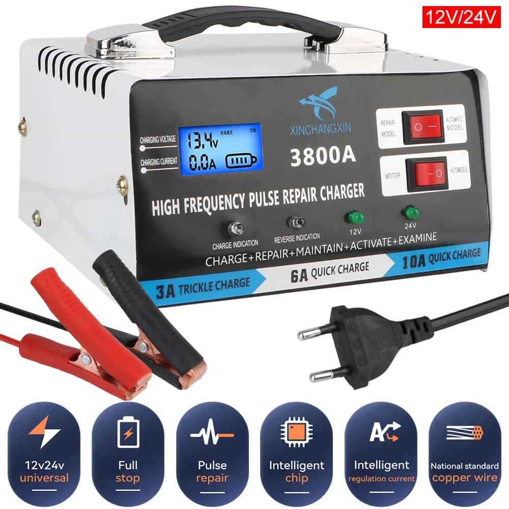 Caricabatteria per auto completamente automatico con spina europea Caricabatteria per riparazione caricabatterie rapido ad alta potenza 12V 24V per batteria al piombo