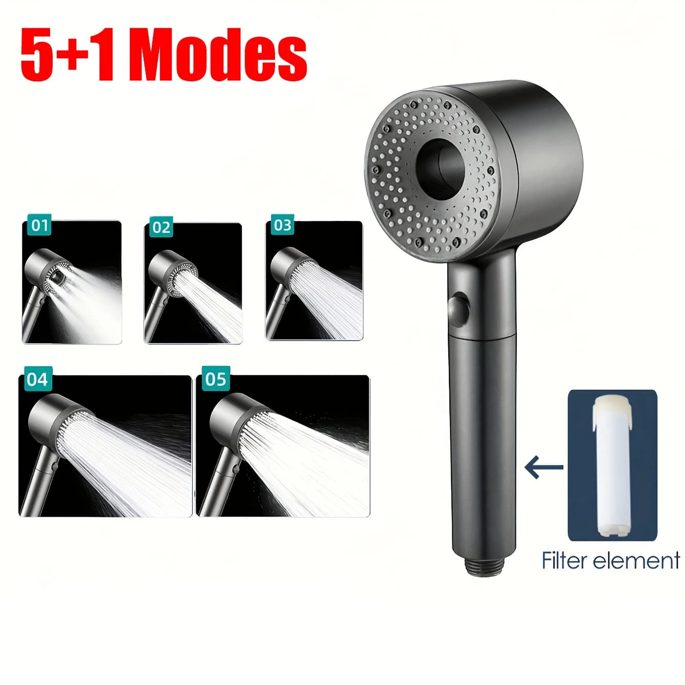 5 Mode Adjustable Shower Head Slitting with Large Flow Filter Mixer for High Pressure Water Savings Shower Door Handle Bathroom Accessories