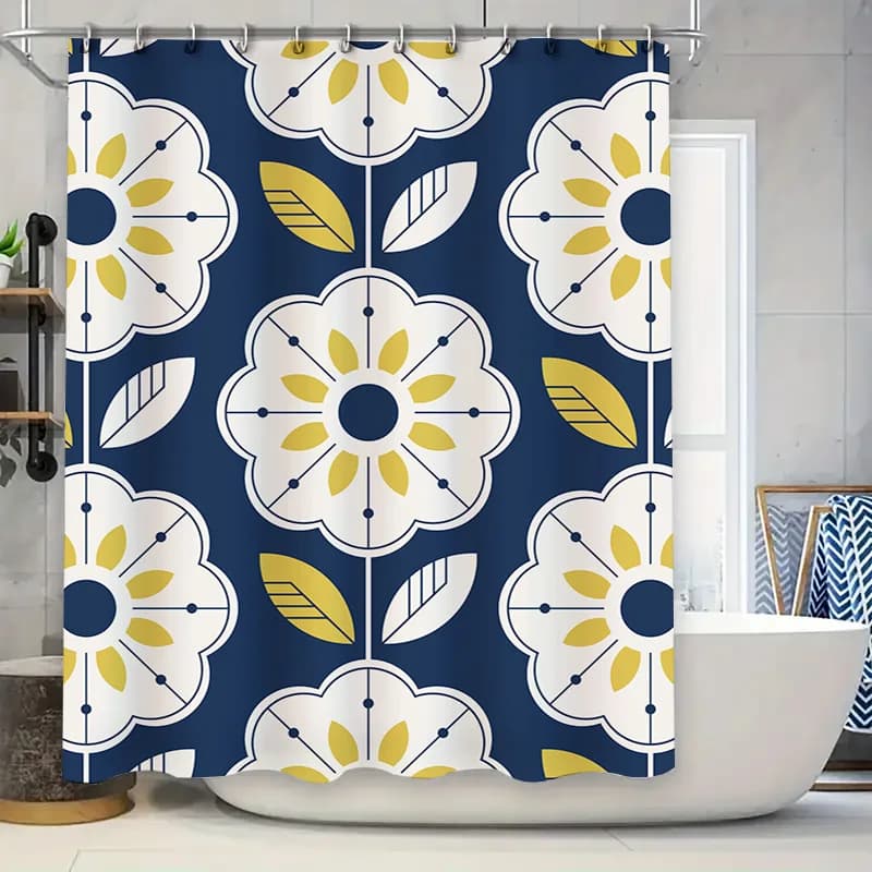 Tenda da doccia moderna floreale con design girasole, decorazione da bagno blu navy e giallo per uso domestico