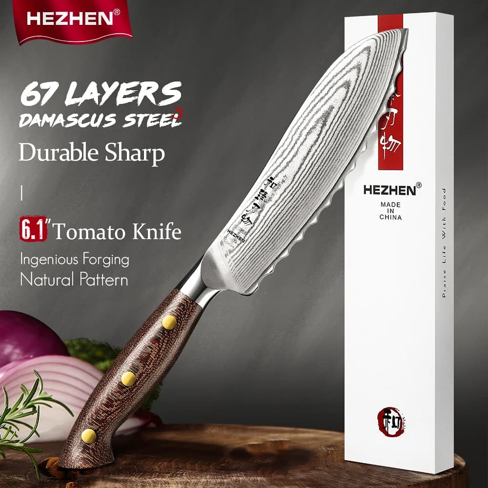 HEZHEN 6.1 inch custom tomato knife 67 layers damask steel 10 cr15comov kitchen knives with orange knife steel core
