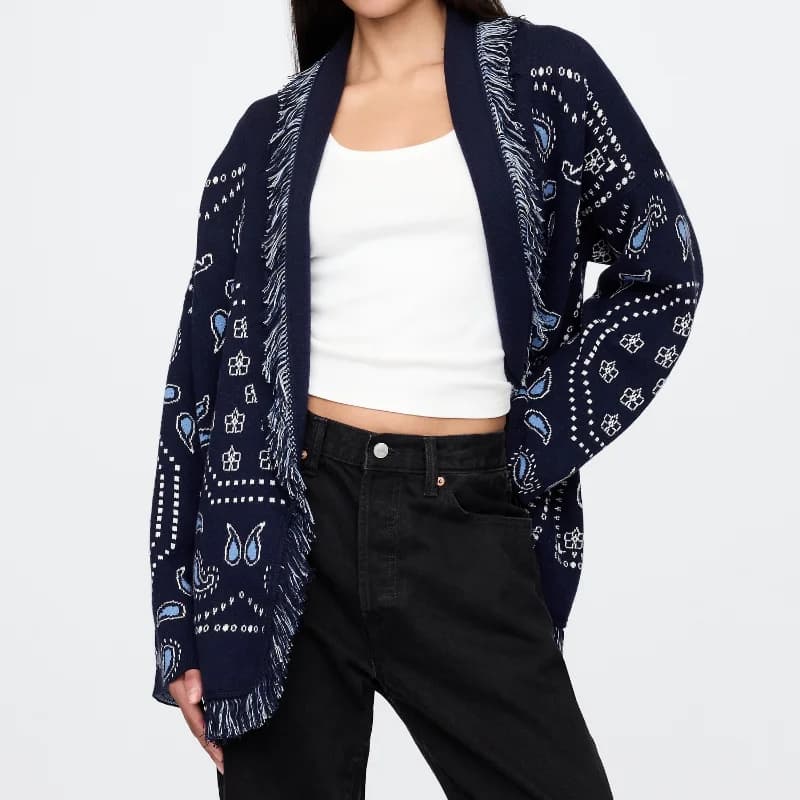 Cardigan printed patchwork with tassels Woman Geometric patterns V neck Long sleeve knitted Street Lady sweater 2025 Autumn coat