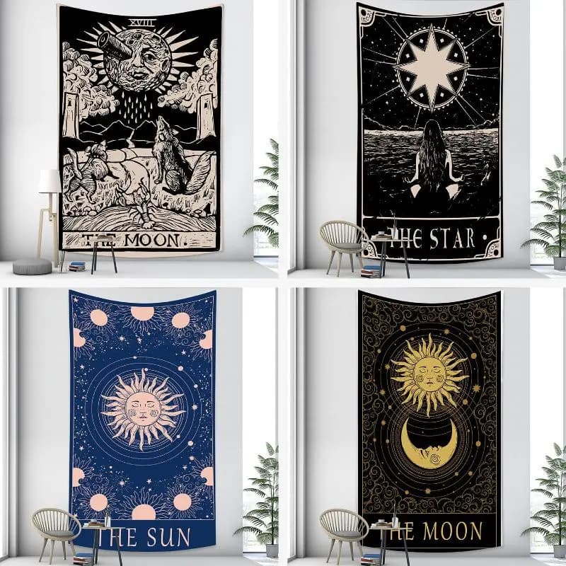 VIKAMA Tarot Cards Sun Moon Star Tapestry Retro Celestial Mysterious Astrology Wall Hanging Bedroom Dormitory Decoration
