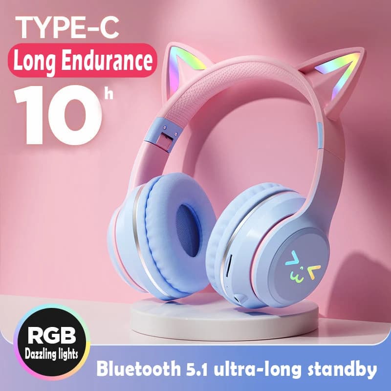 Cuffie con orecchie di gatto RGB Light Smile Face Cuffie TWS Gradiente Nuove cuffie Rosa Bambina Auricolare Regalo Adatto per qualsiasi telefono