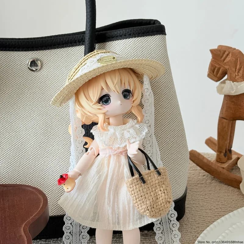 Lace Dress Set for Bunny Dream Box BJD, OB24 17cm Clothes with Straw Hat Bag Shoes, Cosplay Outfit (Doll Not Included)
