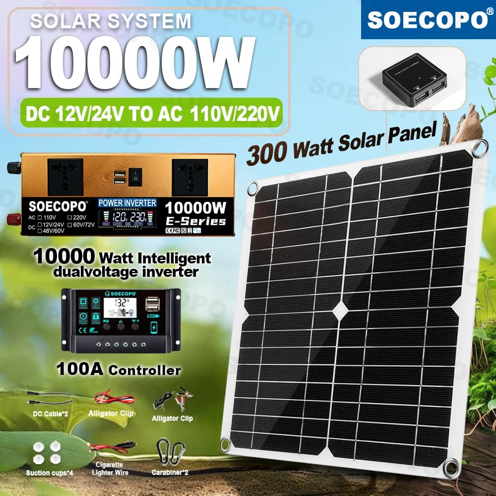 Kit Solare Completo Antipolvere a Lunga Durata 10000W con Inverter Silenzioso, Pannello Fotovoltaico 300W e Regolatore 100A per Generatori Domestici