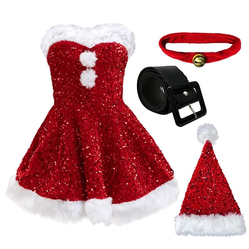 Women Christmas Santa Costume Sequined Tube Dress Set with Furry Trim Black Belt Santa Hat Red Choker Party Holiday Celebration