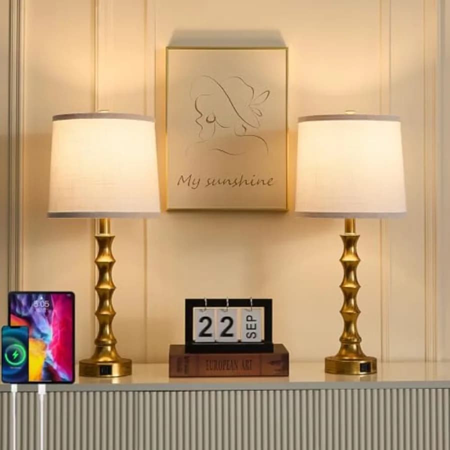 Lampada da Tavolo Dorata 24 Pollici, Set di 2 Lampade da Comodino con Base a Forma di Bambù, Lampade da Scrivania in Metallo con Paralume in Lino, Luce Notturna con USB A