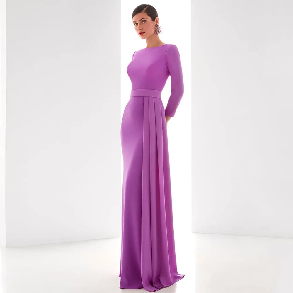 Abito da Cerimonia Personalizzato per Ospiti di Matrimonio, Lungo con Scollo a Barca, Stile Sirena, Elegante Abito per la Madre della Sposa, Maniche 3/4, Abito da Sera Formale da Donna