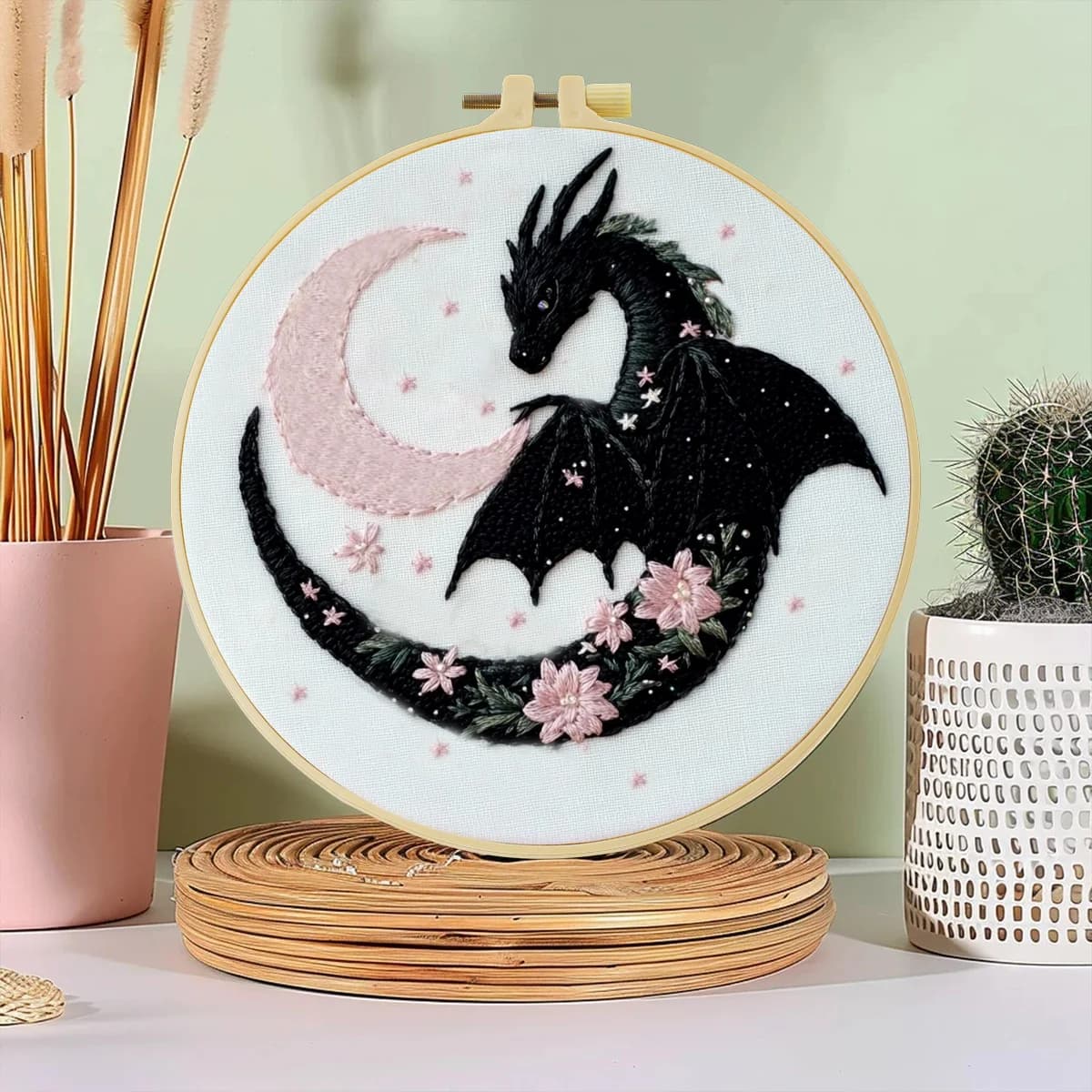 1 pz 20X20 CM/7.87 pollici Il Drago e la Luna Ricamo Starter Kit Kit FAI DA TE Set per Principianti Mestiere Pittura cucito arte