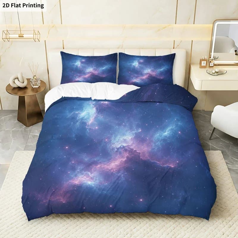 2D Flat Printing 3PCS Duvet Cover, 1 Duvet Cover + 2 Pillowcases (Without Filler), Starry Sky Universe Galaxy Nebula Theme
