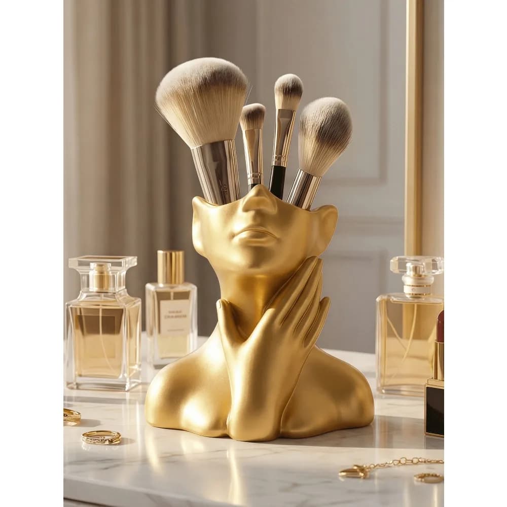 1pc Premium Makeup Brush Holder, Multi-Functional Cosmetic Tool Storage Container, Desk Vanity Organizer, Creative Face Sculpture Design Cosmetic Display Rack, Bedroom/Bathroom Vanity Desktop Storage Shelf, Ideal Gift For Women