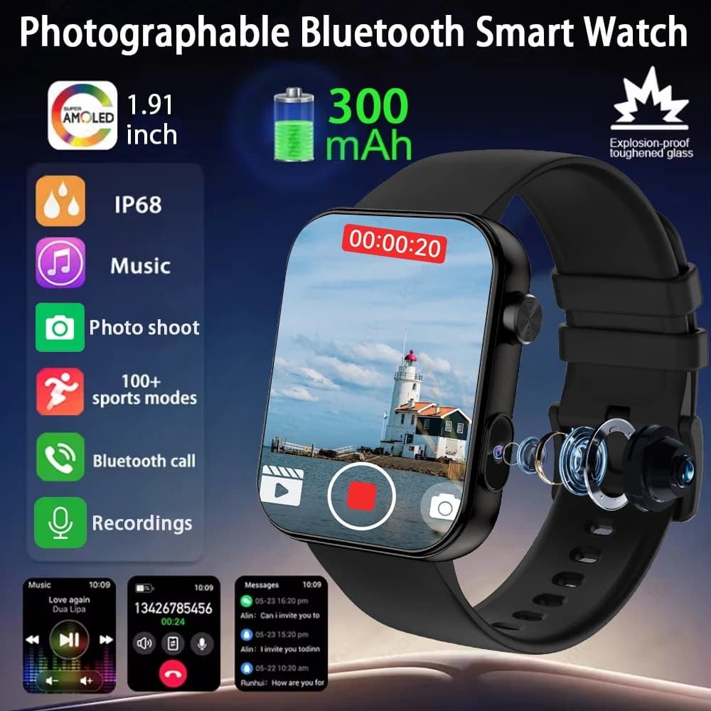 2025 Nuovo Smart Watch con fotocamera Quadrante dinamico Chiamata Bluetooth Registrazione fotografica Registrazione video Modalità multi movimento Orologio Android iOS