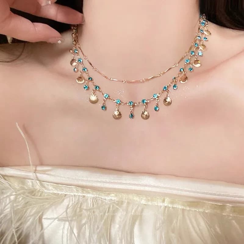 Necklace with gold shell with blue zircons Bracelet with crystal shell Necklace with double layer Gift for beach parties Sea Gift