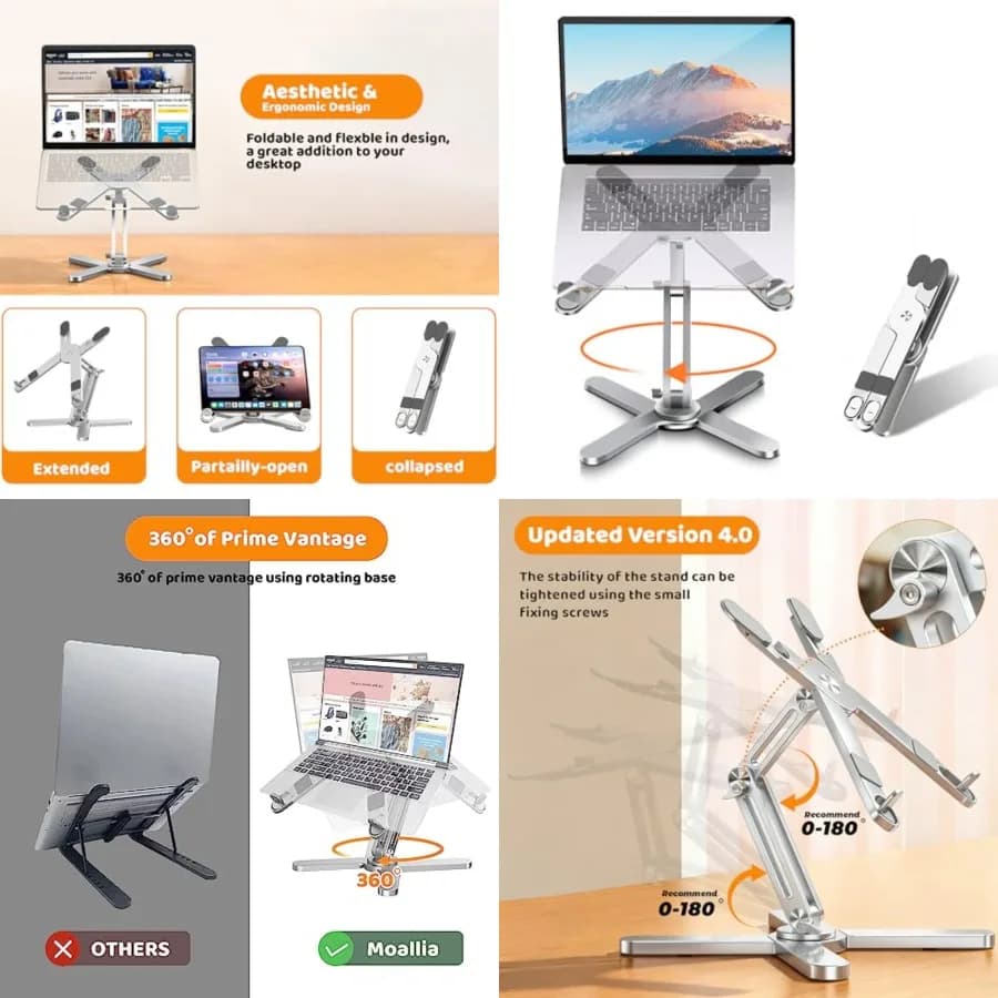 Supporto per Laptop con Base Girevole a 360°, Supporto in Metallo per Computer Portatile, Completamente Pieghevole per Lavoro Collaborativo