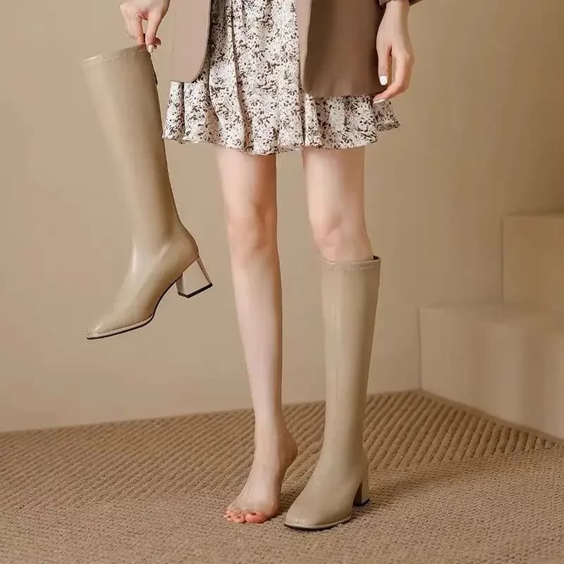 Square Toe Women's Long Boots Elegant Heeled Ladies Knee High Shaft Shoes Cosplay Comfortable Work Boot Fashion 2025 Pu Footwear