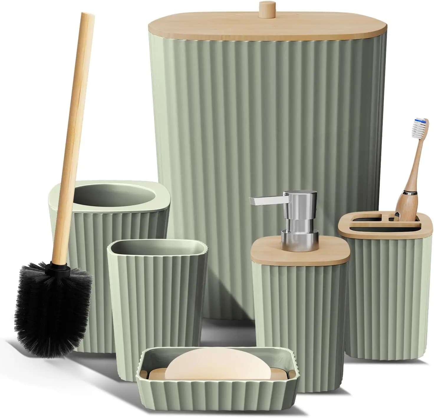 Set di Accessori per Bagno Verde Salvia, 6 Pezzi con Spazzola per WC, Cestino e Dispenser Sapone per Bagni Moderni