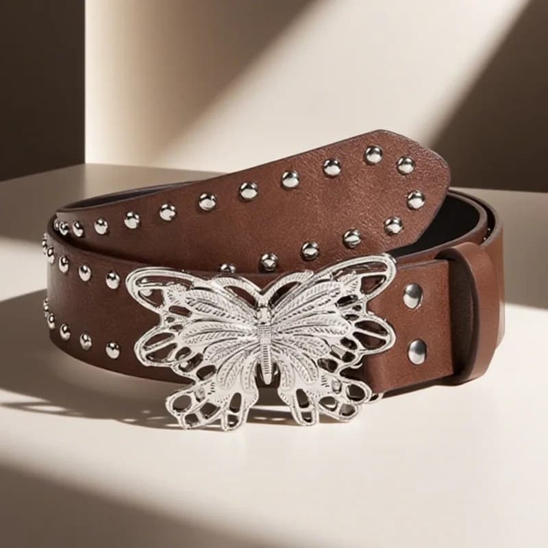 Vintage Brown Faux Leather Belt with Silver Butterfly Buckle Studs Y2K Aesthetic Waist Accessory Jeans,Dresses and Streetwear
