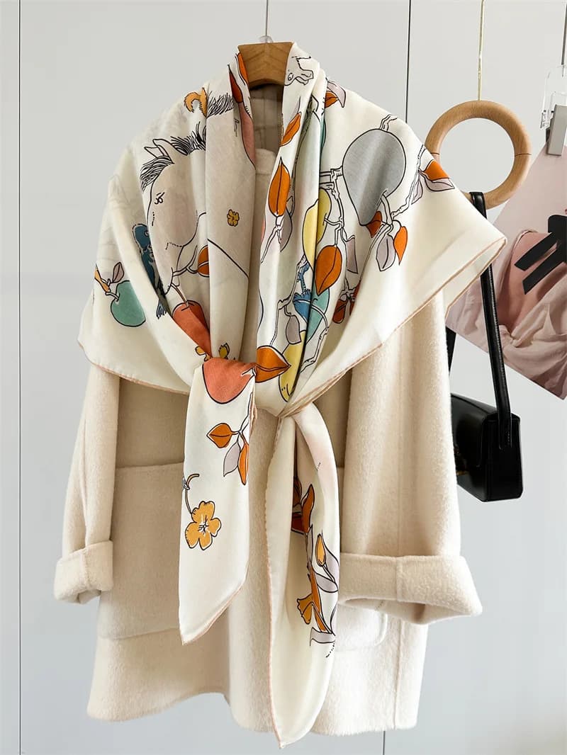 2026 Double‑Sided 70% Wool 30% Silk Neck Scarf Shawl Cartoon Print Large Square Scarf Women Warm Neck Wrap for Winter Accessory
