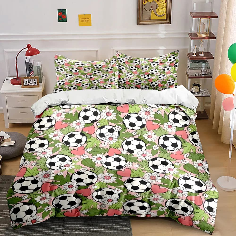 Palloni da calcio, cuori, fiori. Set di Biancheria da Letto Stampata: 1 Copripiumino e 2 Federe per Adulti e Bambini, Regalo di Lusso, Misura Completa