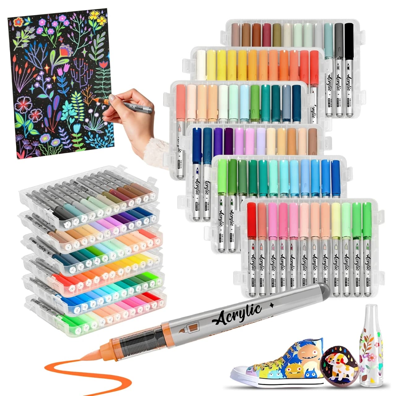 WOOMER 72 Colors Acrylic Paint Markers Set High Flow Liquid Ink Artist Markers for Rock Painting Ceramic Wood Glass DIY Crafts