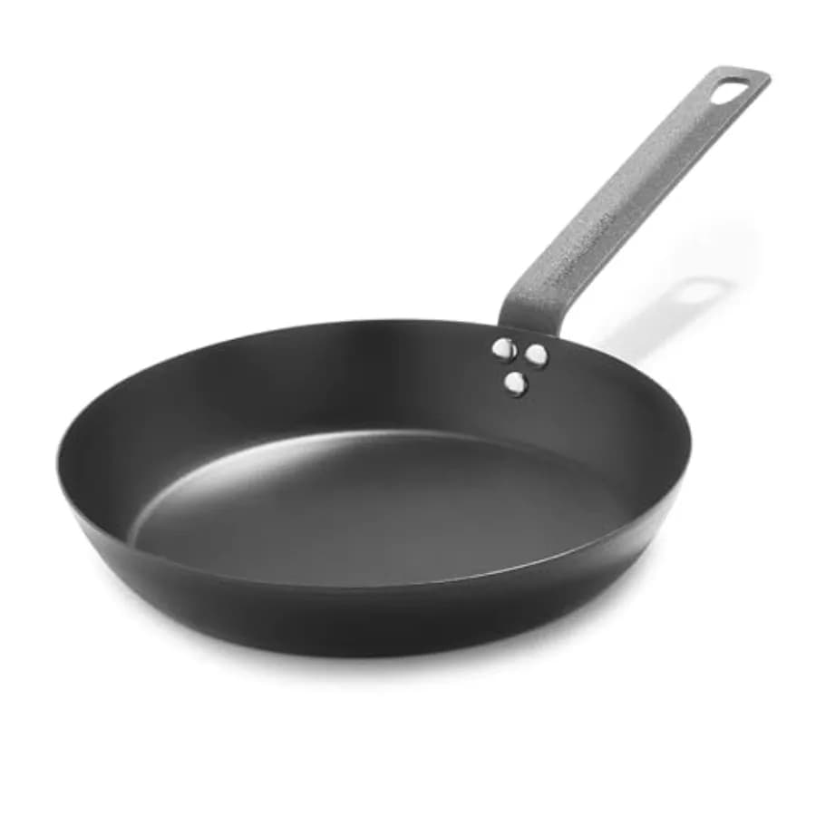 Padella in Acciaio al Carbonio Pretrattata da 10 Pollici per Uso su Piani a Induzione e Griglie, Durevole e a Riscaldamento Uniforme per Arrostire e Grigliare