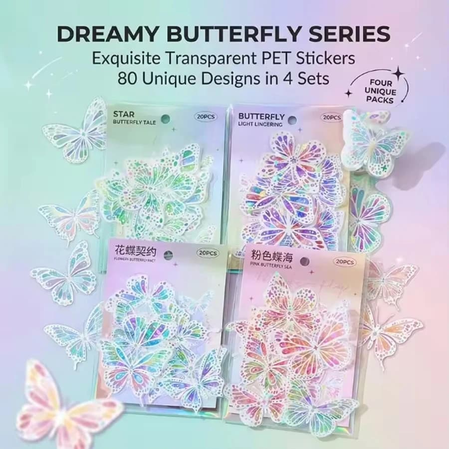 20PC Butterfly Scrapbook Stickers Kit Holographic PET Transparent Waterproof Stickers Set for Junk Journal Journaling