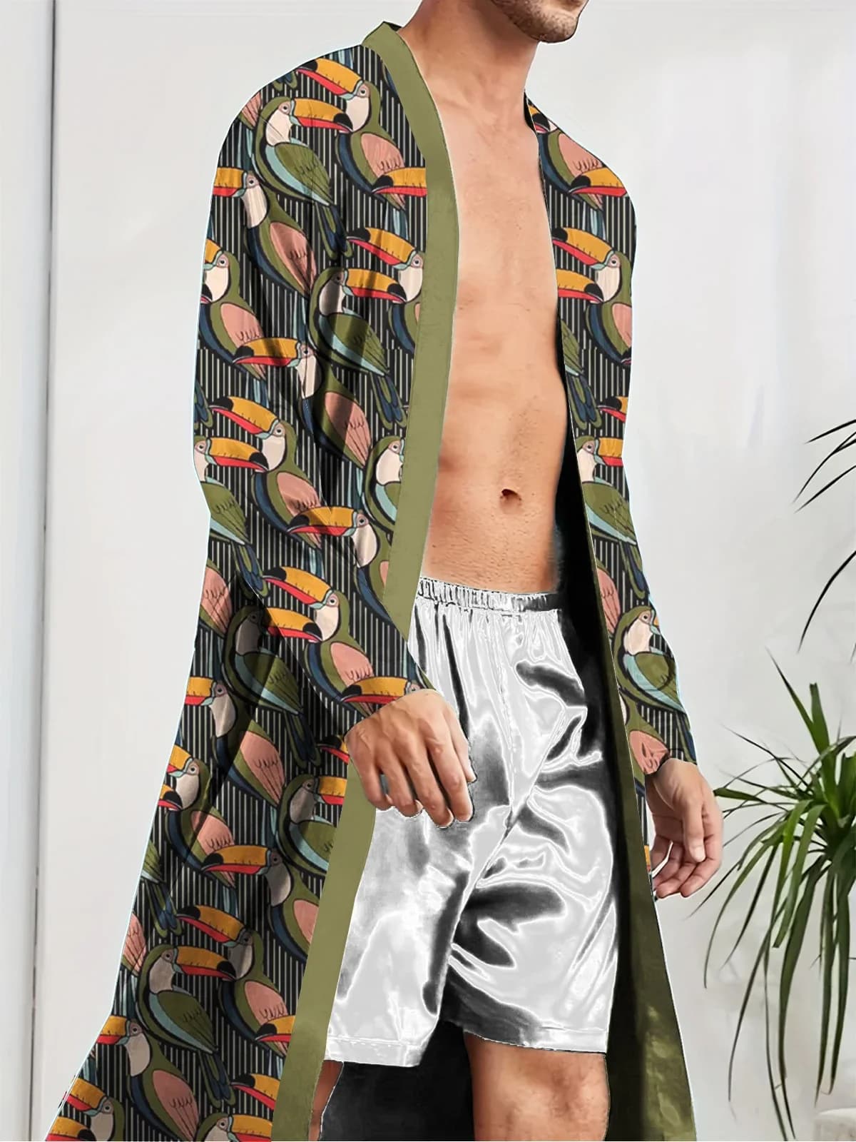 Night bathrobe for men's house 2025 New bird model printed in 3D Spring Autumn Sottile Fast drying delicate bathrobe on skin Night shirt for men