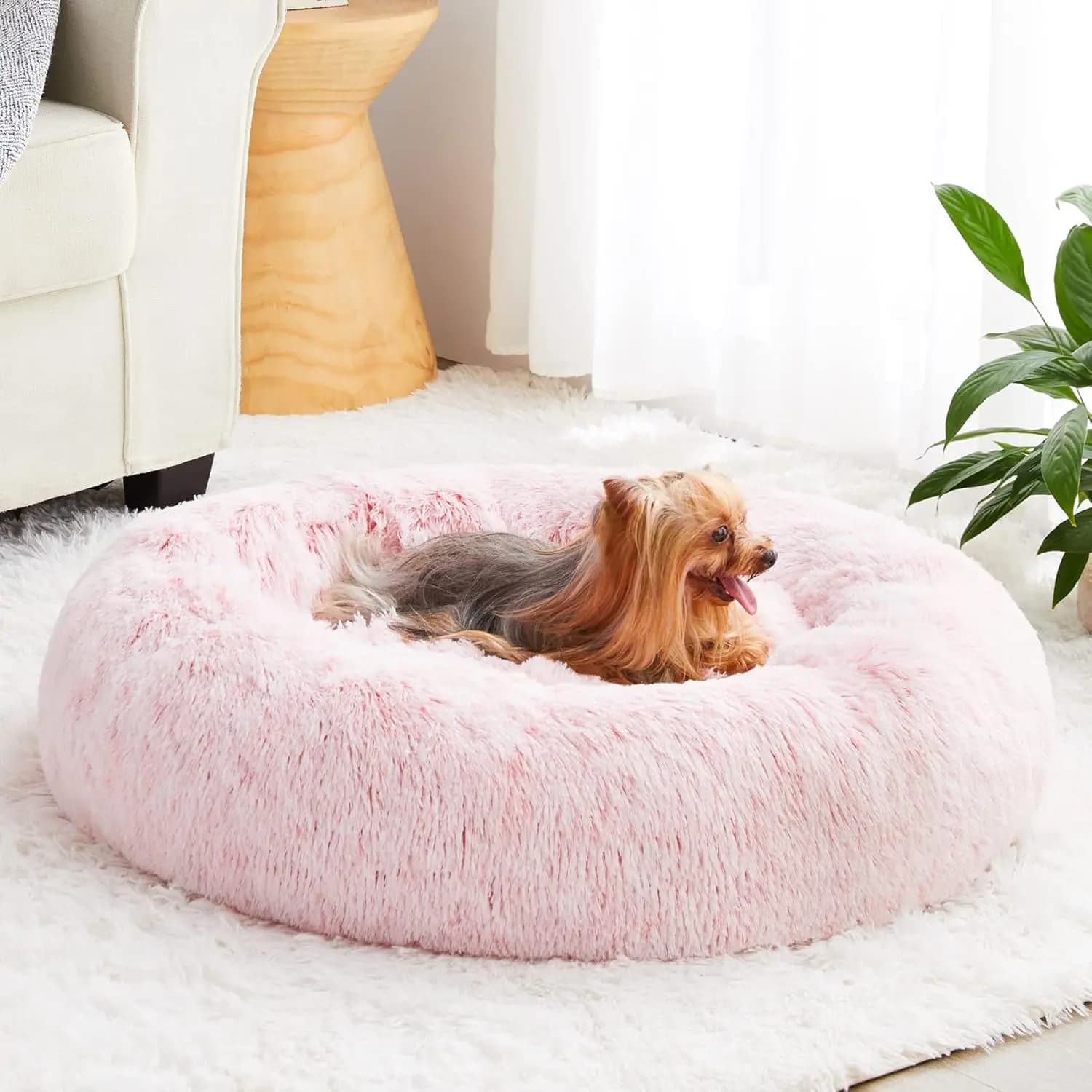 Cuccia Calmante a Forma di Ciambella per Animali Domestici, Cuscino Rotondo Autoriscaldante in Finta Pelliccia per Cani e Gatti, Comodo e Morbido (20x20x8 Pollici, Rosa Chiaro)