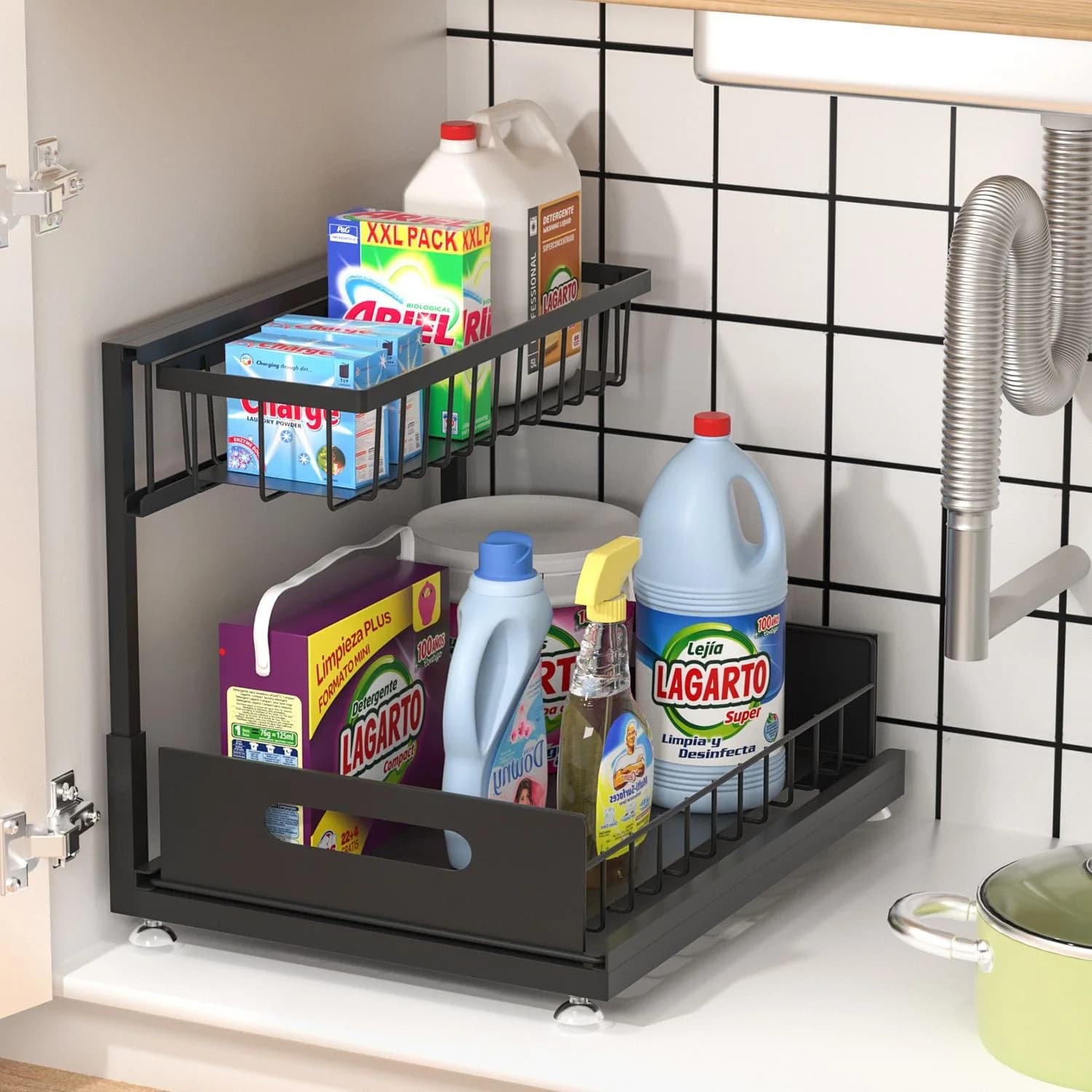 Organizzatore Estraibile a 2 Livelli per Sotto Lavello, Design Salvaspazio per Prodotti per la Pulizia