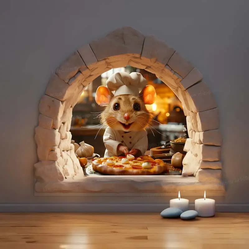 Adesivo da parete per topo da chef - Adorabile adesivo con foro per mouse con simpatico topo da chef che produce pizza in cucina-Decorazioni da cucina eccentriche M1082