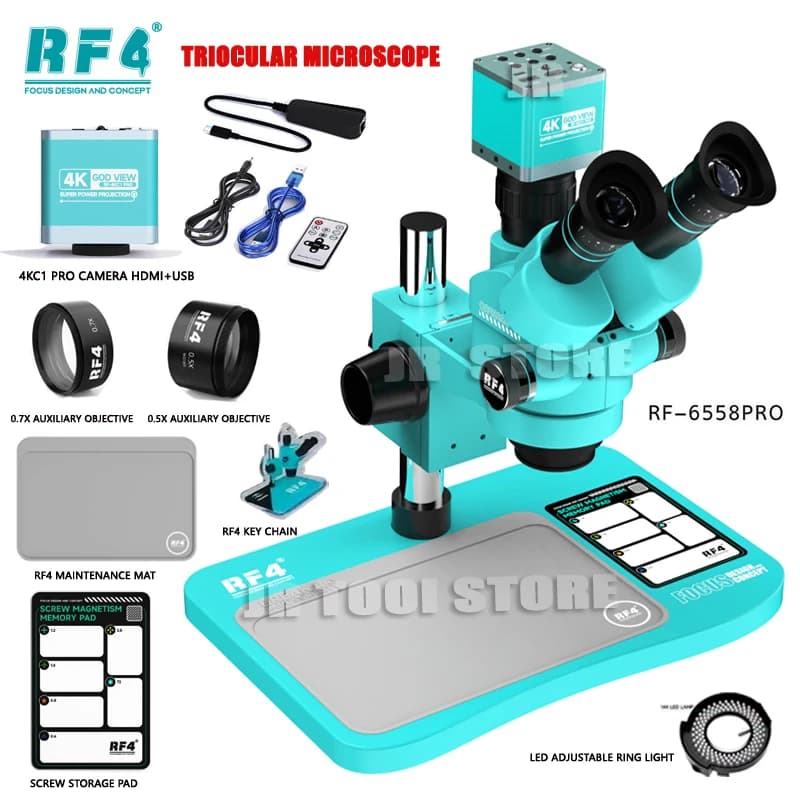 RF4 RF-6558PRO 1080P 4K HDMI Videocamera 6.5X-58X Microscopio stereo trioculare simul-focale per saldatura del telefono Riparazione PCB