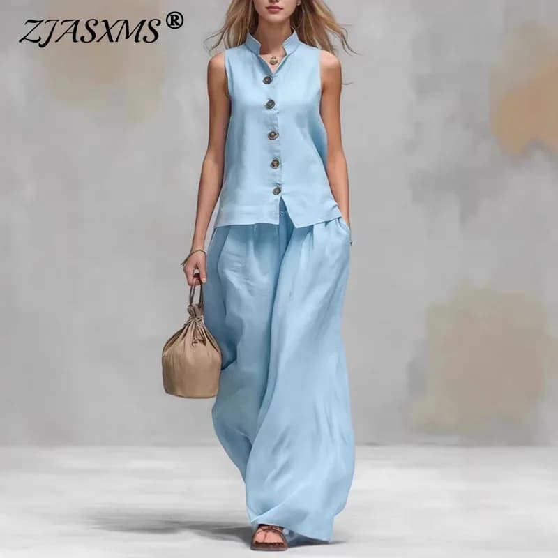 Completo Bohemien a Vita Alta da Donna 2 Pezzi: Gilet Senza Maniche con Collo Alto e Bottoni, Pantaloni Larghi Oversize - Set Casual per Vacanze e Viaggi